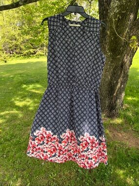 41 Hawthorn Navy Blue Plaid Dress with Pink Floral Border